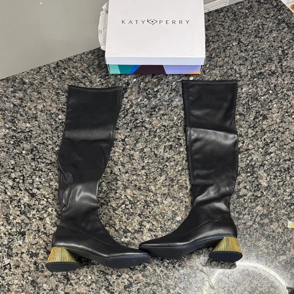 Katy Perry Clara Black square toe Over the Knee Boots with Gold Heel NEW